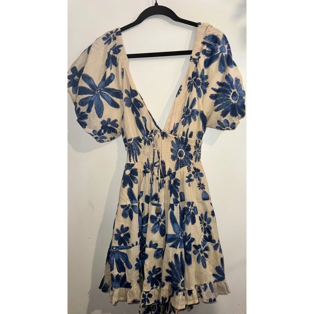 Free People Perfect Day Mini Dress Blue Floral Smocked Puff Sleeve Small